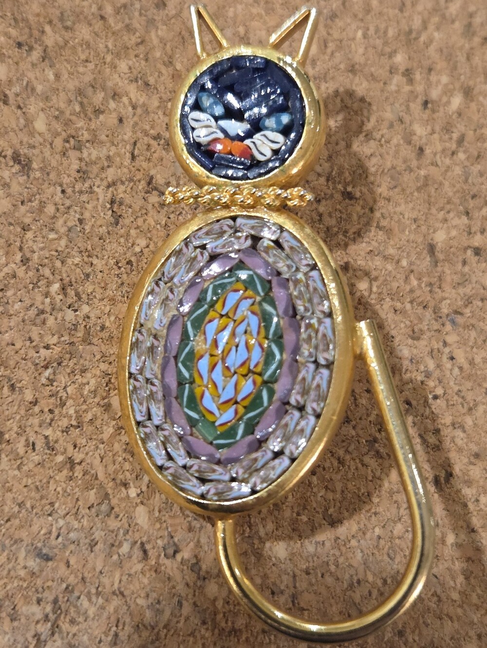 Italian Micro Mosaic Multicolor Millefiori Glass Cat Brooch